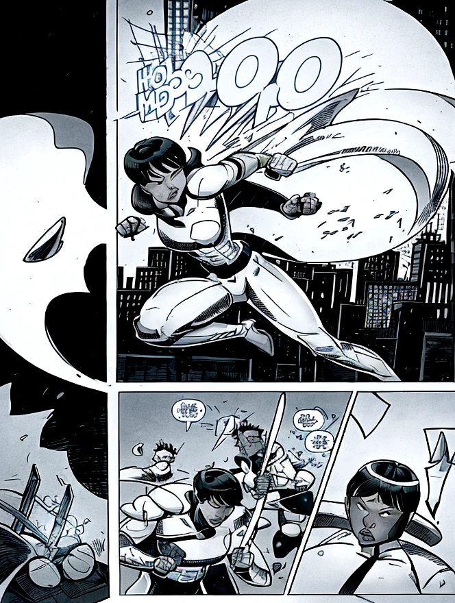 superhero, 19 years, modern super hero costume, white suit, white bat costume, style like the black mouse suit and the Batman suit, suit for girl, ninja, with a Chinese sword, Beautiful Chinese woman, Chinese woman with bangs, courageous character, Kind, Brave, determination, on the battlefield