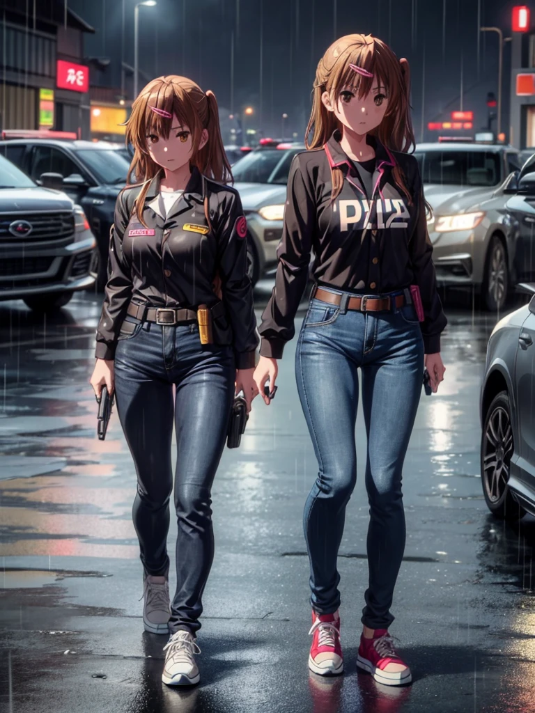 Girl, Black jacket, blue jeans pants , japan police car background, night, rain, small breast ,Sneakers , wet bod, In full growth, Holster with a pistol on the belt