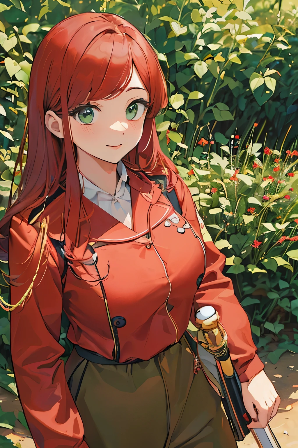 ((masterpiece)), Highest quality, 4k, ((anime style)), ((ultra-detailed)), 1girl, (red hair), (medium straight hair:1.2), (short bangs, left-parted bangs, and right hard swept bangs:1.2). (applegreen eyes:1.2), (large breast:1.1), red jacket, (khaki uniform), (british army officer:1.2), (wide-leg pants:1.2), (Holding a  saber:1.2), smile, 