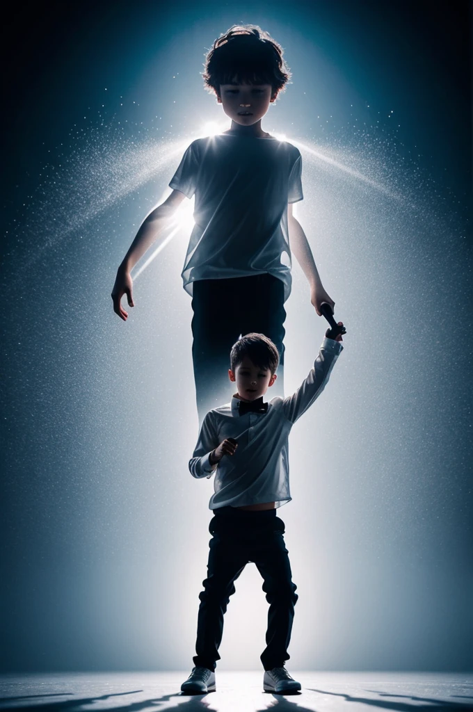 Double exposure combining a male and dance stage with a silver microphone