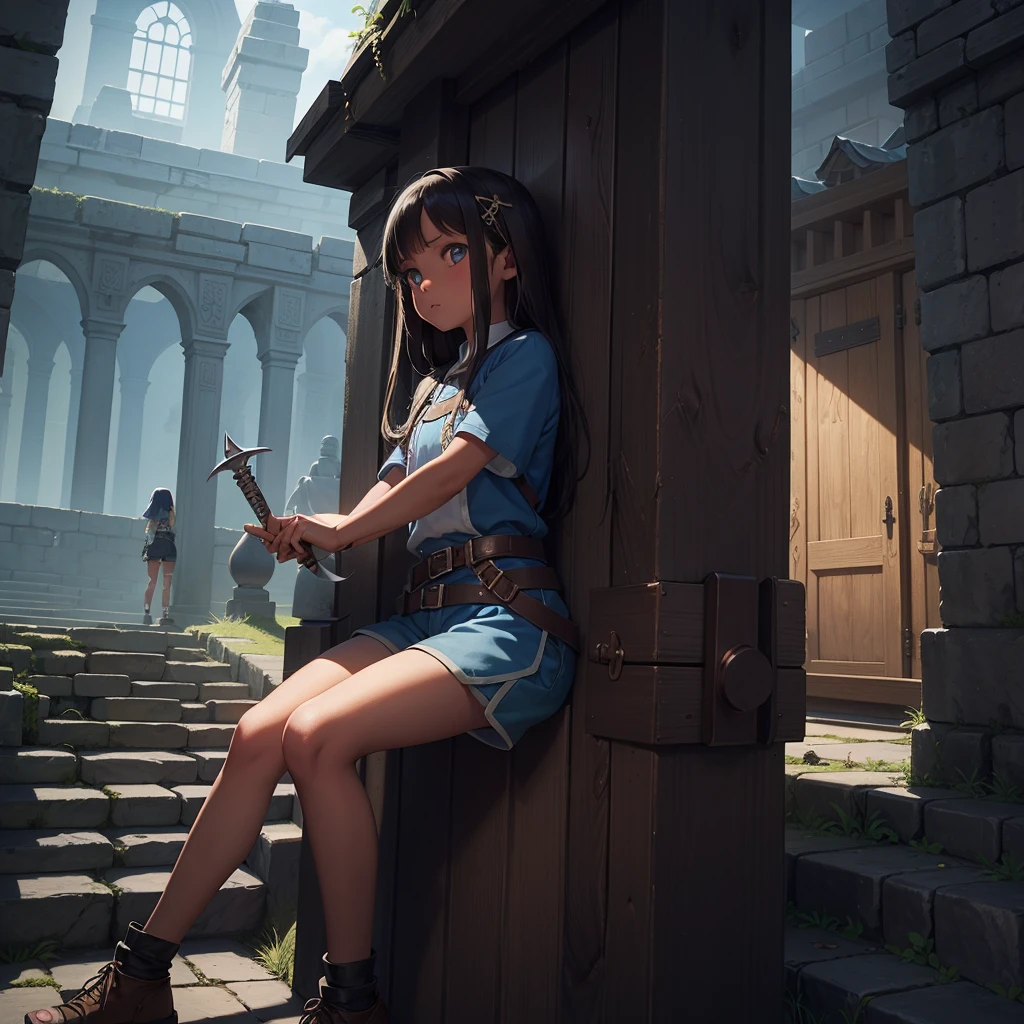 最high quality、high quality、Simple clothing from the Middle Ages、10Year old girl adventurer、Climb the maze stairs、Shorts、Equipped with a dagger and a shield、In a dark maze