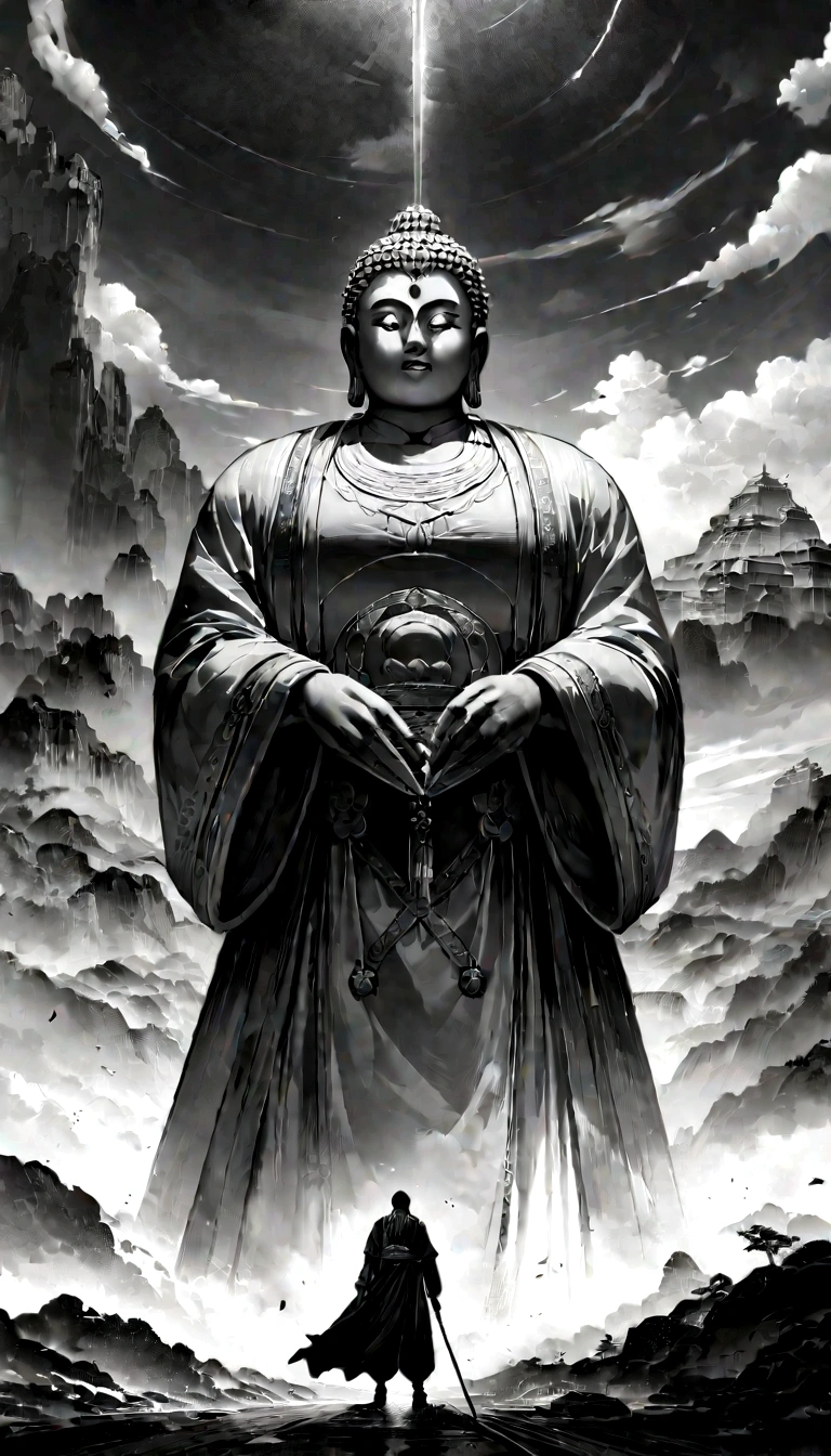 ((masterpiece))，(最high quality))，Chinese style，In the sky, Clouds form a giant Maitreya Buddha statue，Gazing at Earth，Standing Buddha statue，The light shines，Glow effect，Pilgrims&#39; Path，Surreal，Ultra-photorealism，real photography，8K，High resolution，high quality，Masterpieces，Ultra-fine，Chinese black and white ink style，（（（White））），Decolorization，Dirt，ink，8K，Ultra-fine，high quality，（（（OC Renderer）））