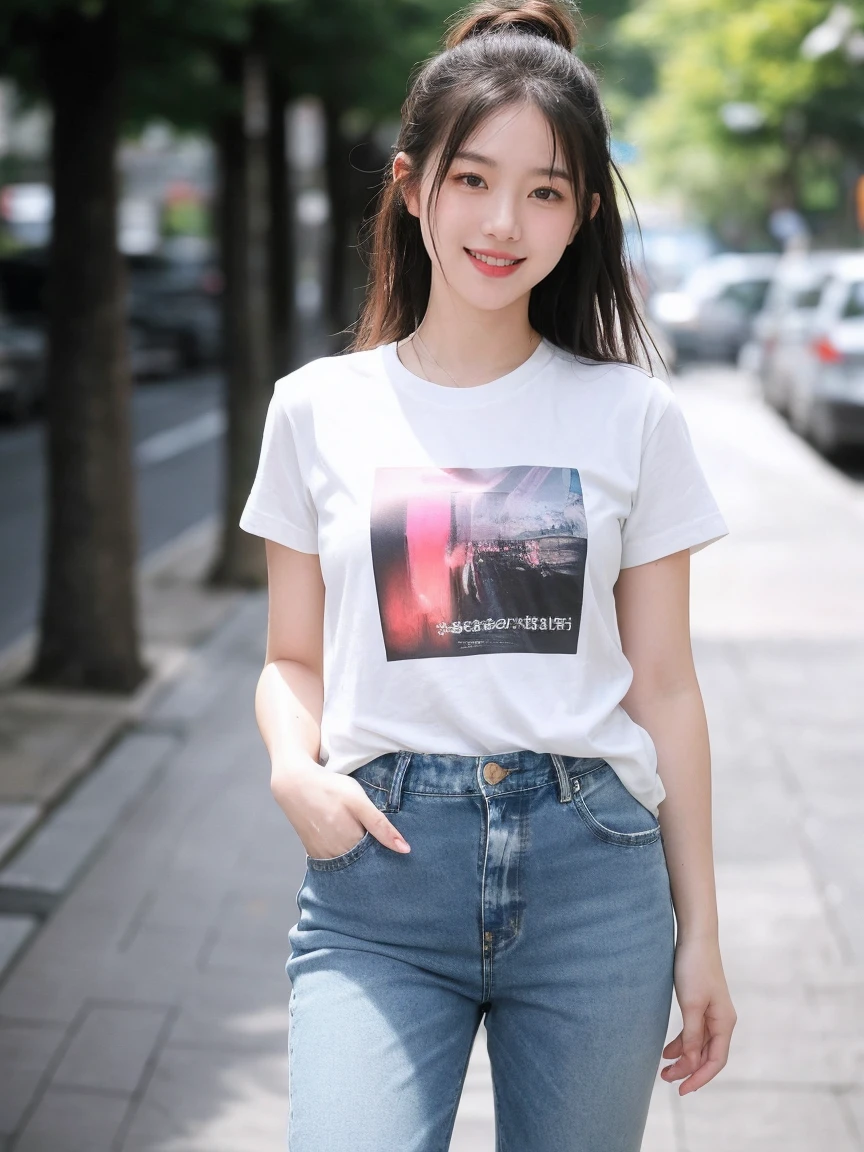 Realistic,score_9, score_8_superior, score_7_superior, break, 1人of女性(30th Generation:1.2),alone,Long Hair,Hair tied to the side,Rough skin,From before,Face Focus,(View your viewers:1.2),A kind smile(Laugh with your mouth closed:1.2),Full body portrait(Medium build:1.2),(Wet Hair,bright,Polaroid,(depth_of_Field:1.5),晴れof日,Outdoor,street,目of間of毛,Moody lighting,Lens flare,Available Light,Rim Light,Shining neon lights,Curvy,Tshirt(レディース リラックスTshirt Bella Canvas 6400 Heather Prism Natural,Blue Jeans,日本of女性,
