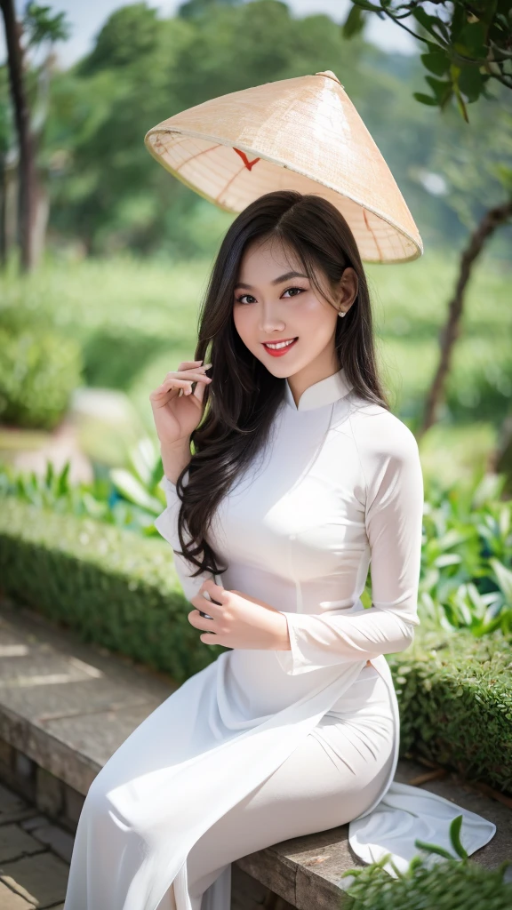 detailed body, attractive body, perfect human body, realistic face,
(ultimate quality, masterpiece, highres:1.0), realistic:1.6, photorealistic,
[8k UHD photos, UHD high quality photos, Super detailed and super clear images],
Close-up of a Vietnamese girl with a beautiful face and balanced body, leggy, round face, big round eyes, Charming smile, Red lips, long curly eyelashes, big dimples, pointed chin, plump face, Her face resembles BaoTran x ThanhThanh, Tall and plump figure, lace bra inside, lace panty inside,
wearing a bright and shiny white silk ao dai with embroidered flowers, sitting and playing with the sand and ocean waves, pose sexy,
Silk ao dai,