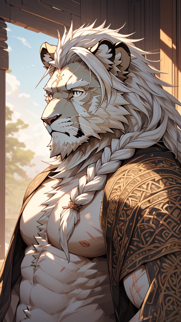(masterpiece),(highres),(intricate details:1.4),extremely detailed,(illustration:1.2),8k,photorealistic,Anime headshot,exquisite,solo,aged,elder male lion ,grey fur,muscular,general,(naked upper body:1.4),(white hair:1.3),long hair,braided hair,long white beard,scar,naked,getting