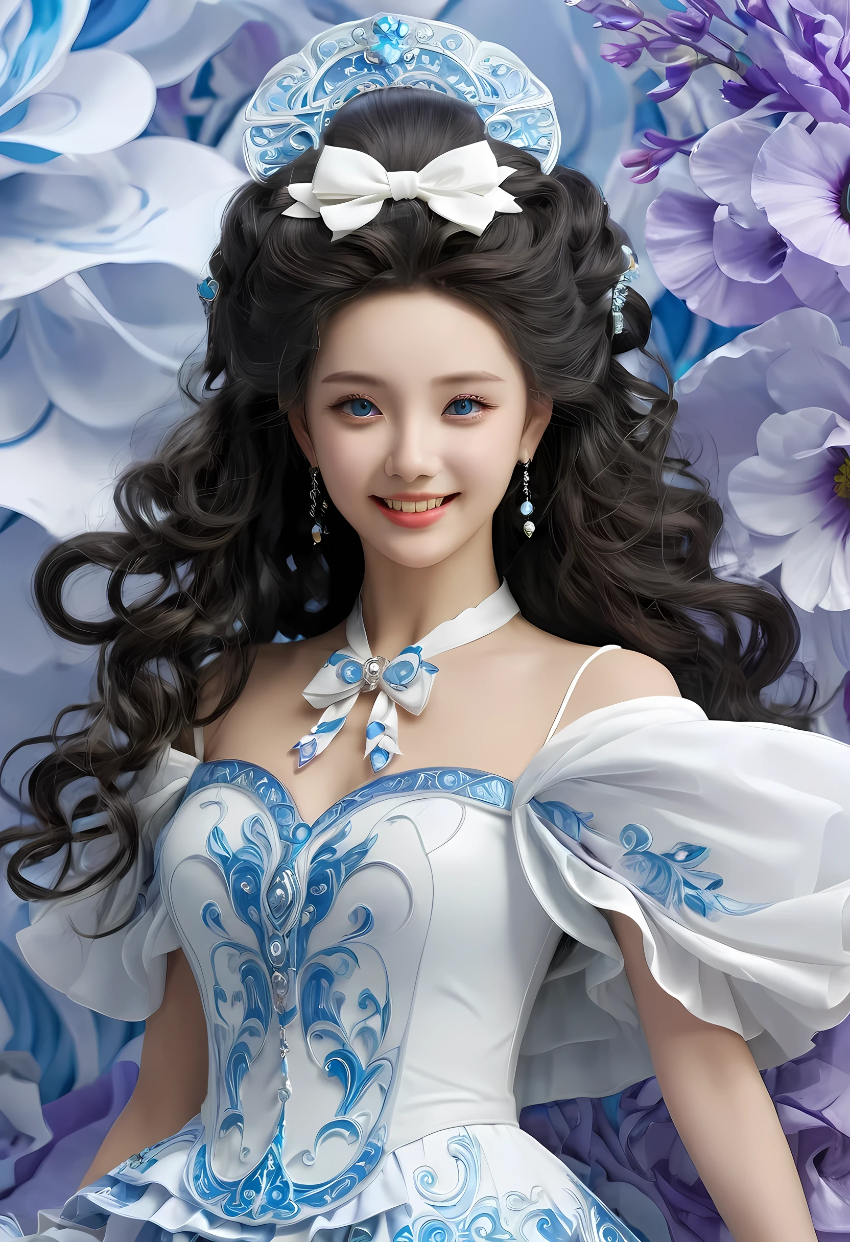 Korean,Practical, masterpiece, Final details, photo Practical, Intricate details, Octane Rendering, 8K, 1 Girl, Perfect face, Pretty Face, NSW Sports Federation, Slot Reference, Detailed hair,, black bow, black Gloves, Black Leg, blue eyes, Blue Hair, bow, clavicle, skirt, Drilling hair, Ruffles, Ruffles, Gloves, Gwen, headskirt, high resolution, Long hair, Open your mouth, Puff sleeves, Purple Eyes, Smile, Solitary, white skirt, Oily skin,