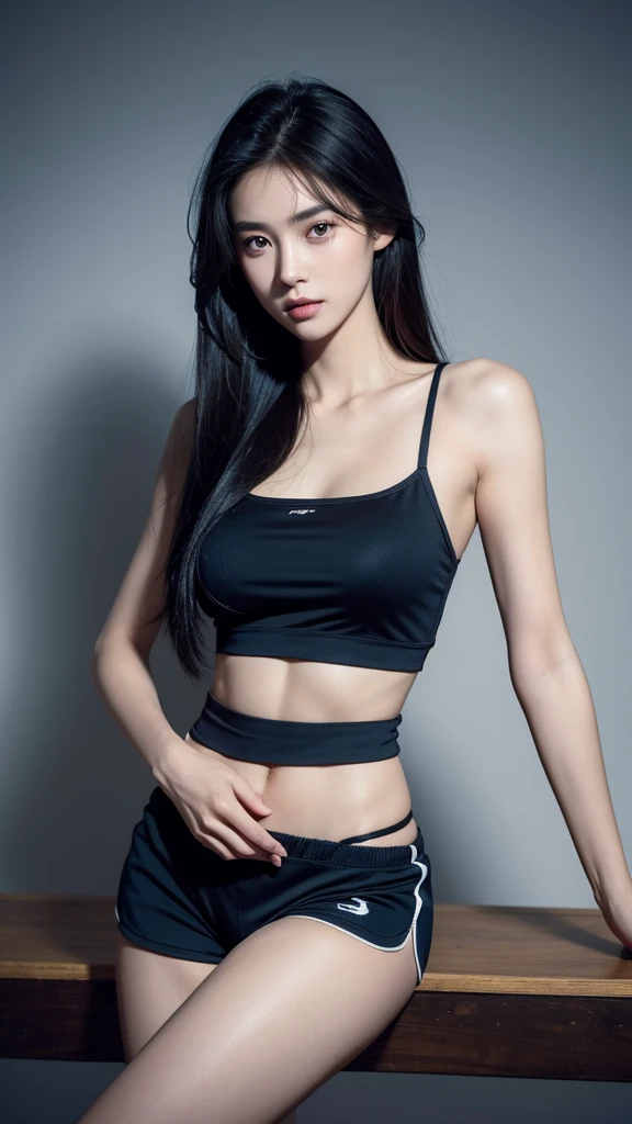 Quiet，Light makeup，Sexy，Peerless Beauty，Intellectual，clavicle，Neat long hair，Black Hair，Delicate face，Exquisite facial features，Natural expression，Natural eyes，sexy blue sports shorts