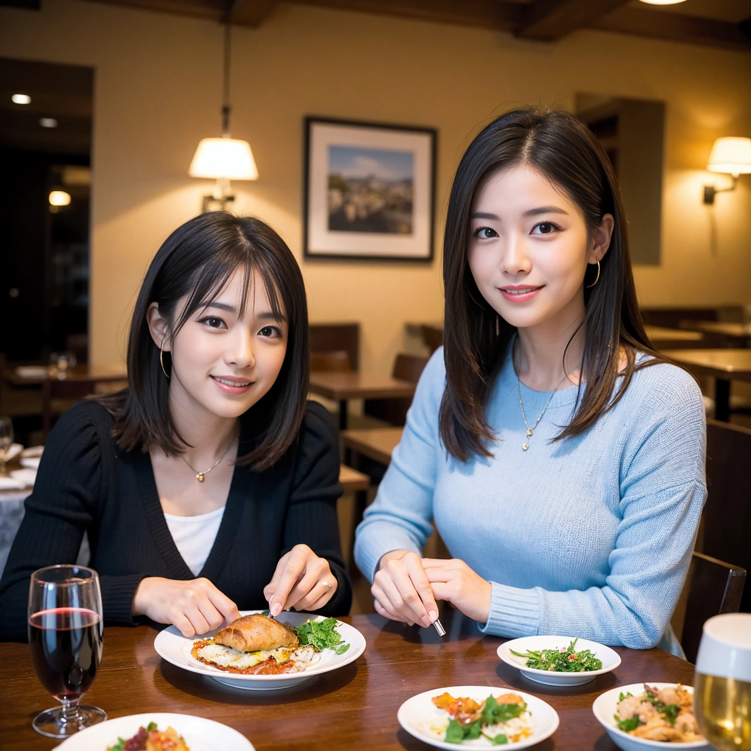 ((Highest quality、、masterpiece:1.3))、1 male、1 female、spouse、Beautiful couple、Japanese couple、smile、 (Slim face), (the body is スリム), (Brown Hair), (Shortcuts), ((Bob Hale、Straight hair:1.2)), テーブルの上のwine glass、Please shine a light on my face、 Amazing view of the sunset sky and clouds、Amazing mountain views、smileの美しさ、Bright imYear、Blushing, Shortcuts,Bright Face、 Year), 39 Year, red wine 、Appetizers、Italian food、Wine bottle、Champagne、sparkling wine、Long sleeve shirt、dress、Attractive beauty、restaurant, Nova Frog Style, actress, model, Upper Body, White wine, red wine, wine glass,