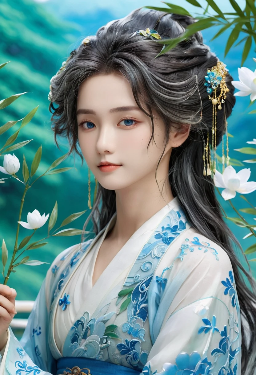 masterpiece, best quality, Official Art, 8k wallpaper, Very detailed, illustration, 1 boy, Chinese, ink, Sky blue hair, Long hair, Delicate eyes, Forrest Fun, Bare shoulders, Hanfu, lake, pure, Gentle smile, bamboo, Tea