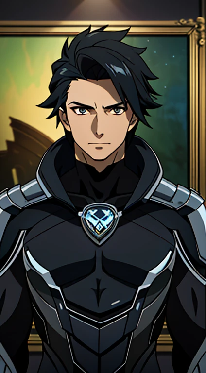 a muscular male character in a black suit, short wavy black hair, black goatee, detailed black armor, serious expression, dramatic pose, vibrant swirly colors, high quality, cinematic, work of art, impacto genshin, (best quality,4k,8k,highres,masterpiece:1.2),ultra-detailed,(realistic,photorealistic,photo-realistic:1.37),HDR,UHD,studio lighting,ultra-fine painting,sharp focus,physically-based rendering,extreme detail description,professional,vivid colors,bokeh,visual novel