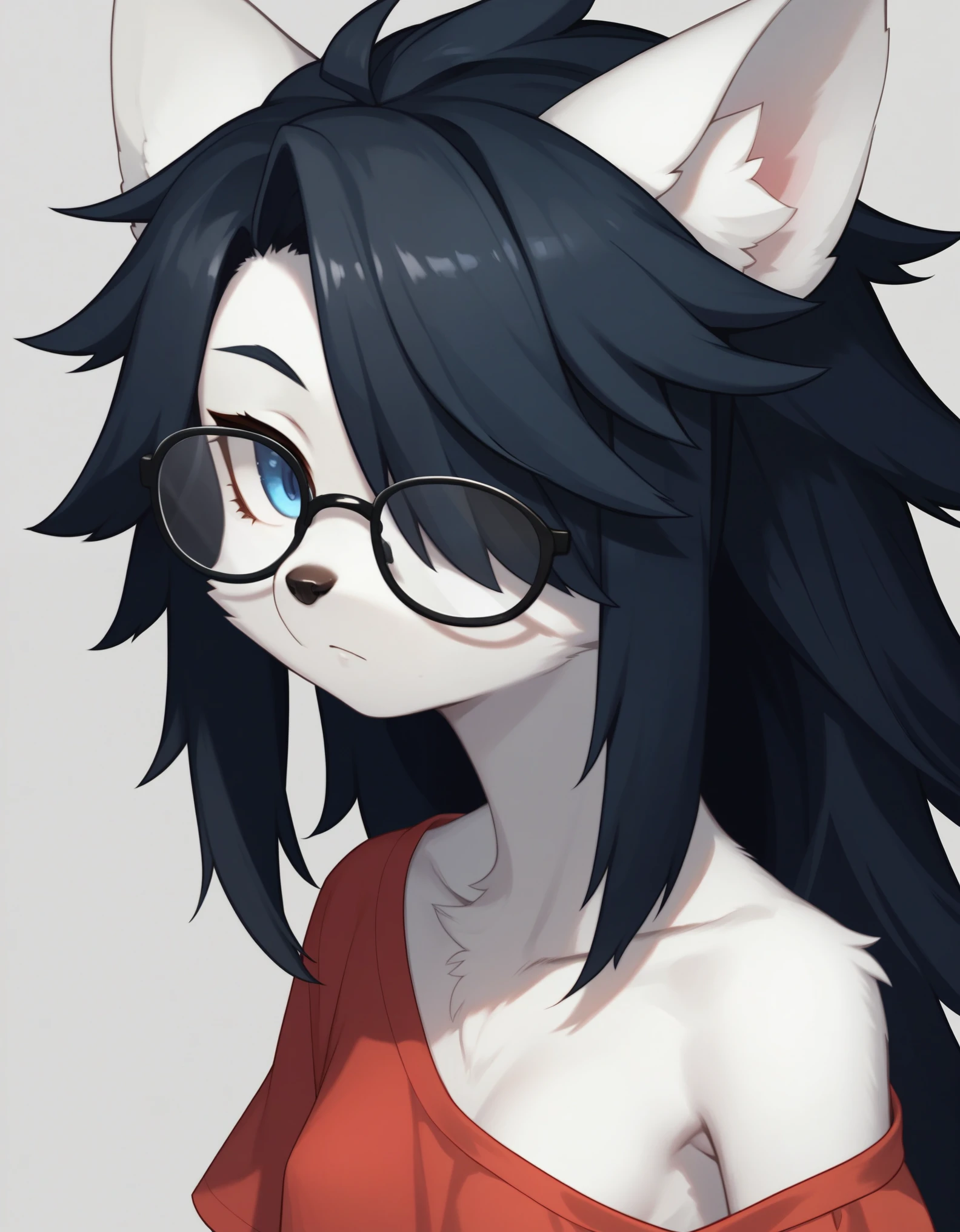 Solo, score_9,score_8_up,score_7_up, kemono style,  a young nerdy Anthro furry wolf woman, wolf snout, white furry body, tall, long black messy hair, black hair, hair in a pony tail, hair covering one eye, white wolf tail, blue eyes, white wolf ears, white wolf tail, small breasts, wearing oversized red shirt, exposed shoulder, black square thick rimmed glasses, portrait, close up, expressionless