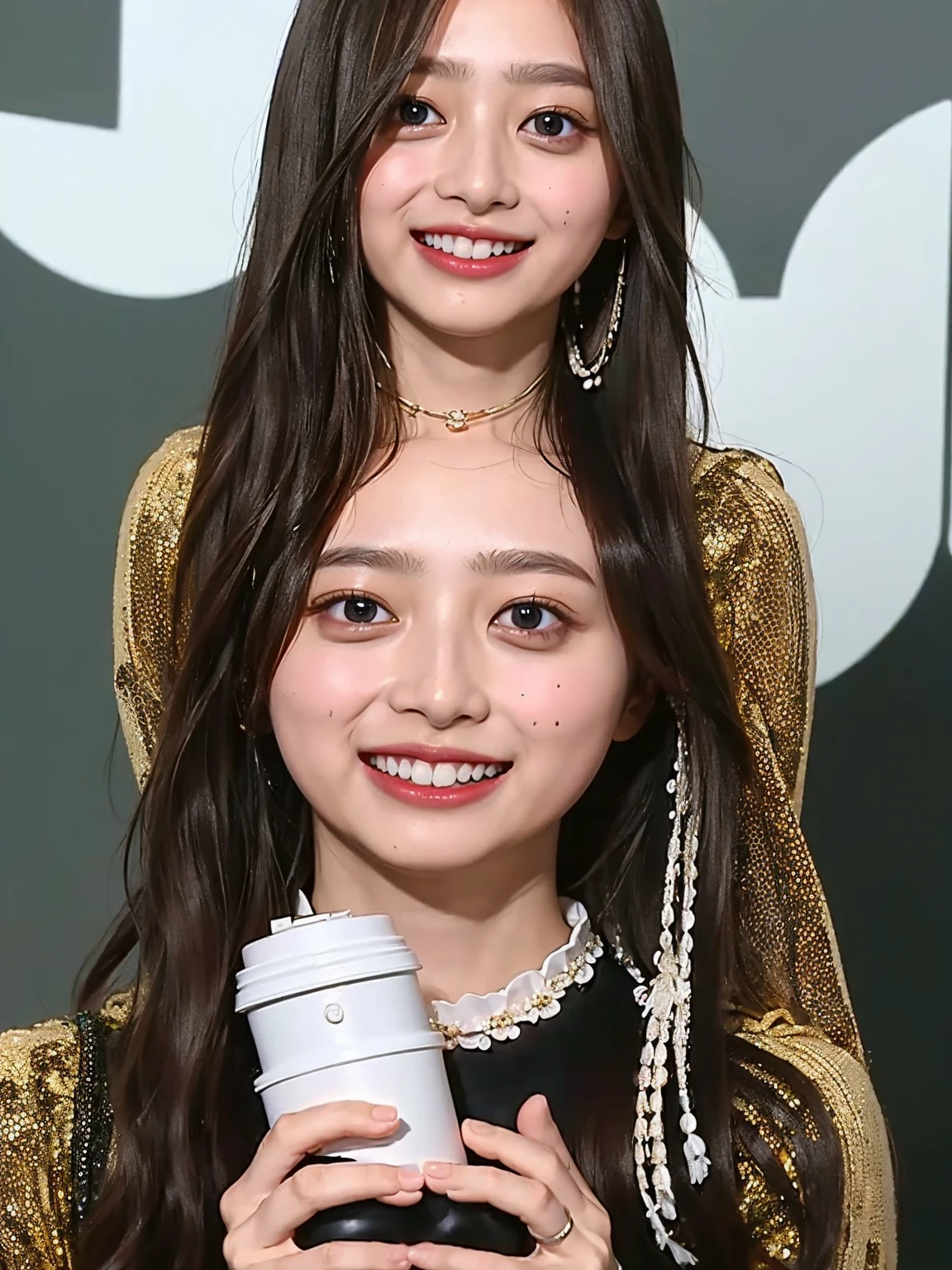 ((highest quality、8k、masterpiece:1.3)),((((upper body shot)))),Ultra-high resolution,big eyes,Japanese,forehead,bangs,(a girl),(1 girl),((16 years old)),((cute)),pretty,((facing at viewer)),(long hair),((black clothes)),grin