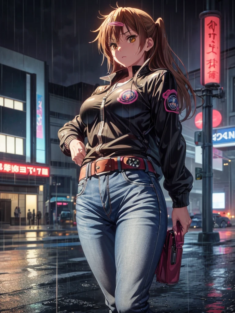 Girl, Black jacket, blue jeans pants , japan police car background, night, rain, small breast ,Sneakers , wet bod, In full growth, Holster with a pistol on the belt