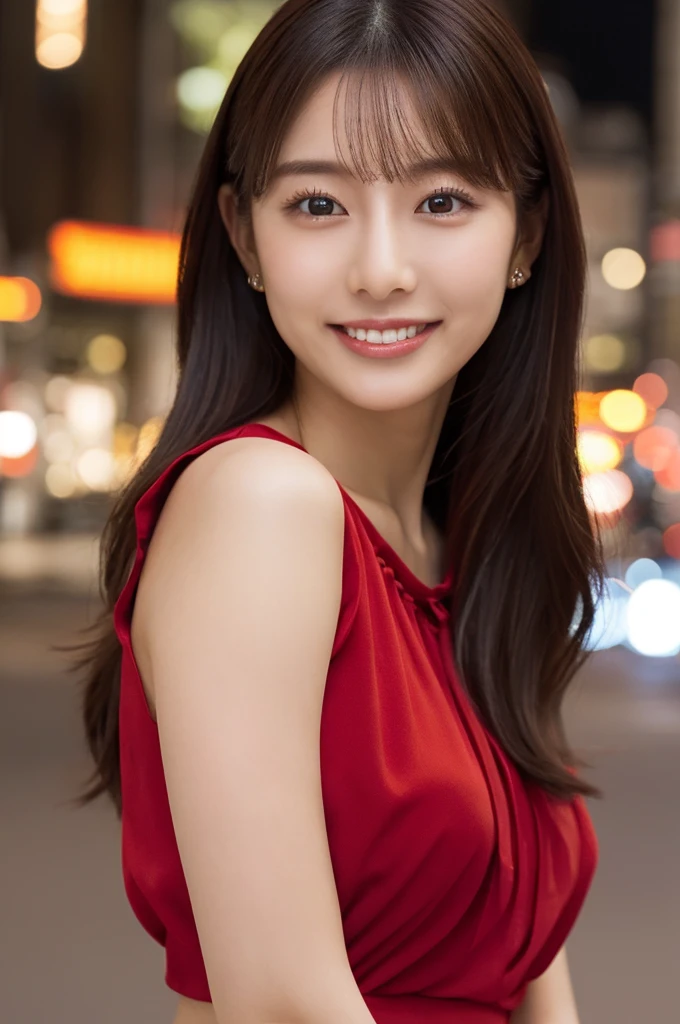 One beautiful woman, (wearing a red blouse:1.2), Beautiful Japanese actresses,
(RAW Photos, Highest quality), (Realistic, Photorealistic:1.4), masterpiece, 
Very delicate and beautiful, Very detailed, 8k wallpaper, wonderful, 
In detail, Very detailed CG Unity 8K 壁紙, Super detailed, High resolution, 
Soft Light, Beautiful detailed girl, Very detailed目と顔, Beautifully detailed nose, Beautiful attention to detail, 
Cinema Lighting, City lights at night, Perfect Anatomy, Slender body, smile
