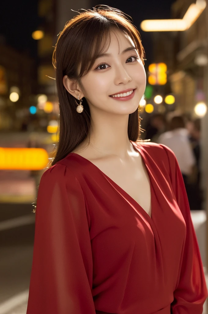One beautiful woman, (wearing a red blouse:1.2), Beautiful Japanese actresses,
(RAW Photos, Highest quality), (Realistic, Photorealistic:1.4), masterpiece, 
Very delicate and beautiful, Very detailed, 8k wallpaper, wonderful, 
In detail, Very detailed CG Unity 8K 壁紙, Super detailed, High resolution, 
Soft Light, Beautiful detailed girl, Very detailed目と顔, Beautifully detailed nose, Beautiful attention to detail, 
Cinema Lighting, City lights at night, Perfect Anatomy, Slender body, smile