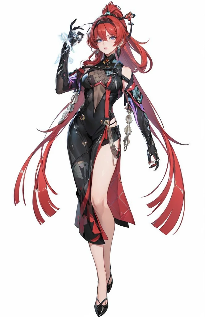 ((1girl, solo)), beautiful body, (perfect anatomy, perfect body, perfect hands, perfect legs), natural proportions, sexy body, large breasts, ((full body, full body front)) BREAK
((extremely detailed face)), (beautiful detailed eyes:1.6), (realistic pupils, realistic iris:1), expressive eyes, looking at viewer, (clear eyes:1.3), (hyperrealistic:1.2), (detailed skin texture:1.2), smooth skin, ((purple eyes)), (red hair:1.5), long hair, very long hair, high ponytail, bangs, sidelocks, ((drill earrings)), hair ornament, hair stick, ((mature female)), ((little smile)), (detailed lips:1.2), (attractive lips:1.1), (glossy lips:1.1), (parted lips), perfect face, perfect eyes BREAK
(masterpiece:1.5), anime-style, top quality, best quality, (beautiful and aesthetic:1.2), (ultra detail:1.5), Ultra-detailed depiction, Ultra-precise depiction, extremely detailed 8k illustration, high resolution, (highly detailed shading:1.2), (realistic lighting:1.4), perfect lighting, vibrant colors, dynamic tones, striking hues, 8k, absurd resolution, perfect shadows, hdr, UHD, ambient lighting, realistic, ultra-realistic, photo realistic, highly detailed, rich detail, luminous colors, fine texture, intricate design, professional illustration, (soft light:1.2), (illustration:0.7)