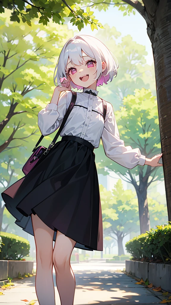 White Hair、Pink Eyes、Short Hair、Cute、One Girl、Only one girl、Daytime、Wearing a black dress、at the park、laughing、Green tree々