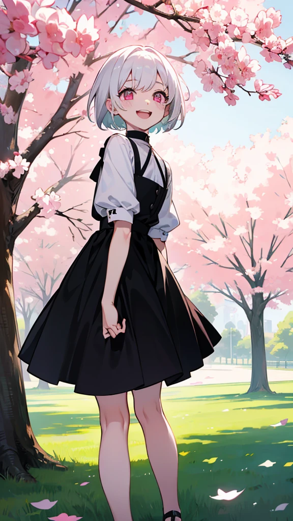 White Hair、Pink Eyes、Short Hair、Cute、One Girl、Only one girl、Daytime、Wearing a black dress、at the park、laughing、Green tree々