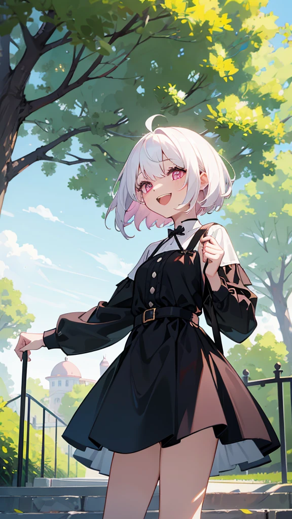 White Hair、Pink Eyes、Short Hair、Cute、One Girl、Only one girl、Daytime、Wearing a black dress、at the park、laughing、Green tree々