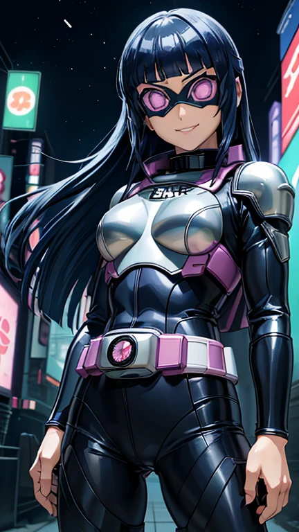 (8k),(masterpiece),(Japanese),(***************),((innocent look)),((Childish)),From the front,smile,cute,Innocent,Kind eyes,Flat chest, Hyuga Hinata, Superhero,Kamen Rider,helmet,domino mask, Long Dark Blue Hair,Strong wind,night,dark, Neon light cyberpunk Konoha village