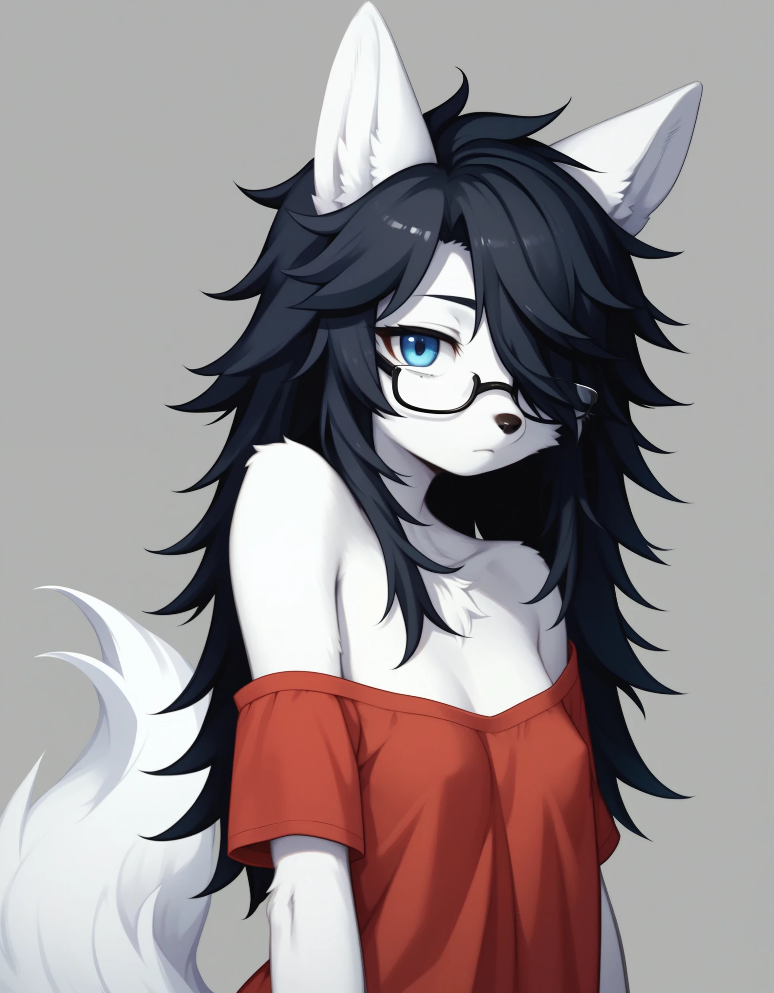 Solo, score_9,score_8_up,score_7_up, kemono style,  a young nerdy Anthro furry wolf woman, wolf snout, white furry body, tall, long black messy hair, black hair, hair in a pony tail, hair covering one eye, white wolf tail, blue eyes, white wolf ears, white wolf tail, small breasts, wearing oversized red shirt, exposed shoulder, black square thick rimmed glasses, portrait, close up, expressionless