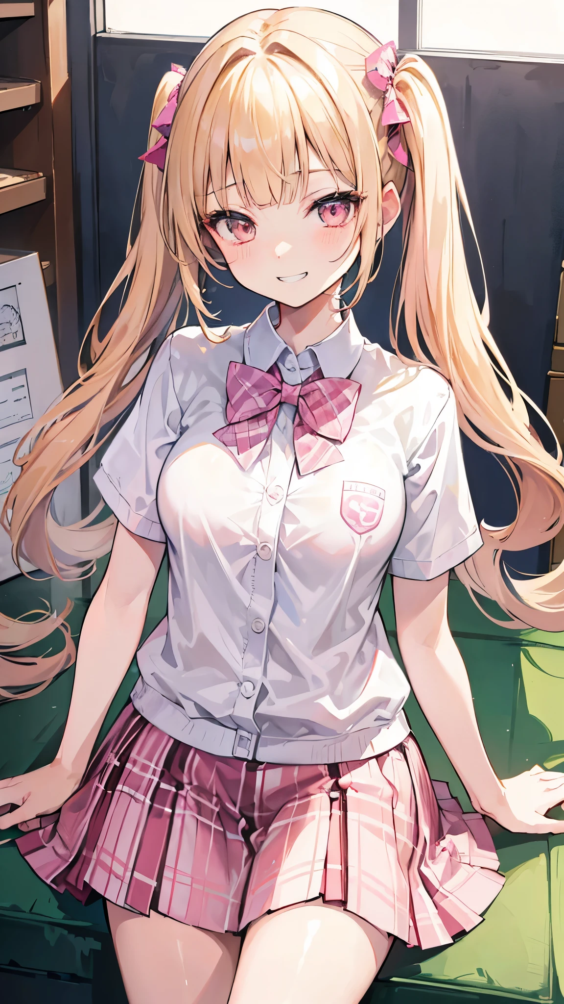 (masterpiece、Highest quality、Very detailed))、One girl、Blonde、twintails、blunt bangs、Golden Eyes、evil smile、((Grin))、Moderate breasts、((White collared shirt))、Short sleeve、A bow tie、((pink plaid skirt))、Cowboy Shot、Gym storeroom
