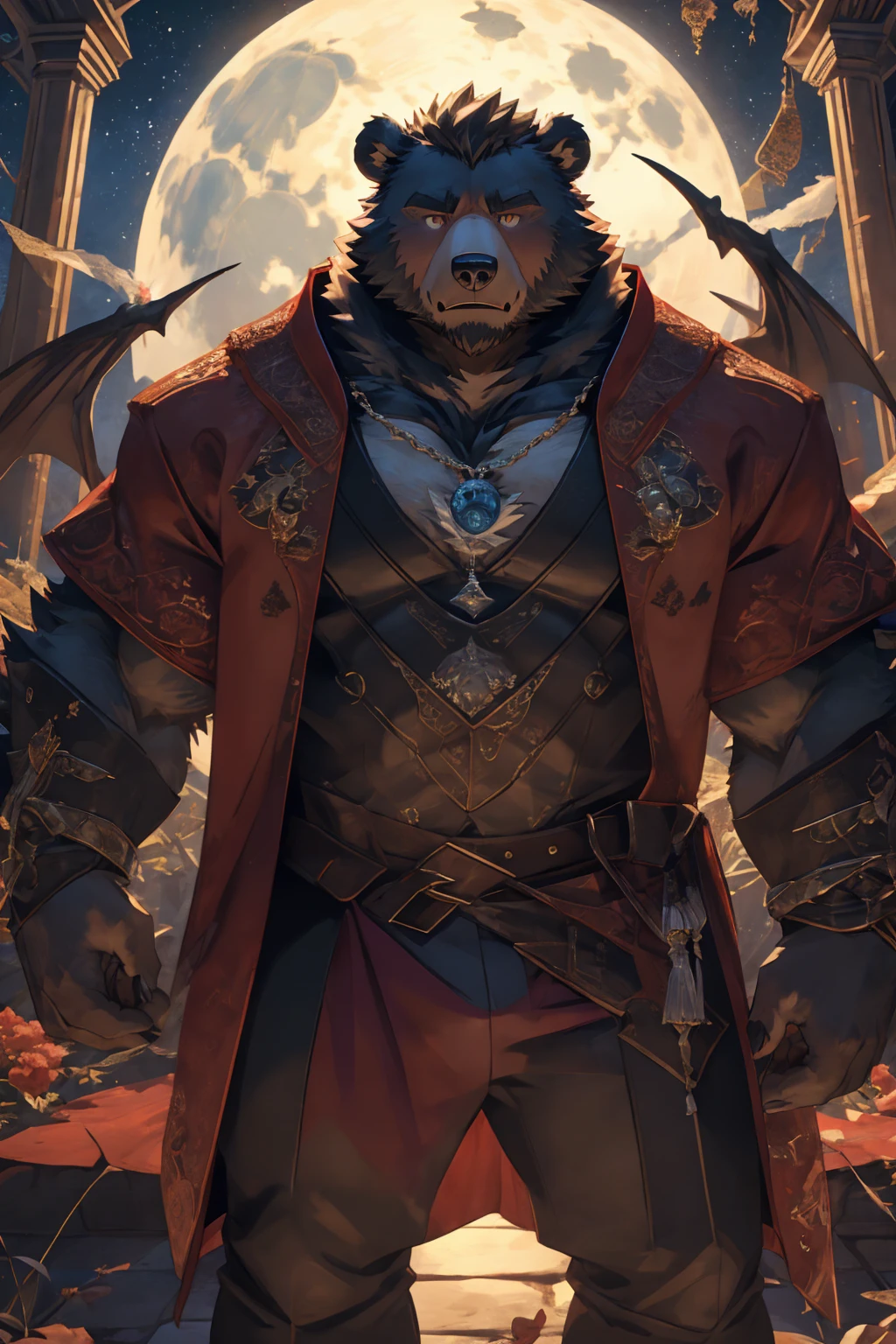 (Super detailed), Sharp focus,hairy, Gray fur, White beard,,Golden Eyes,human nature (棕Bear:1.3), male, Muscular ,(Crotch bulge),(Big Bag),Super detailed的脸,(dishevelled:1.4),(best quality), (masterpiece), High Detail, high quality,High resolution,16K,(Bear:1.3),(scar:1.1),Fangs,(vampire:1.2),(Red robe),moonlight,Sharp teeth