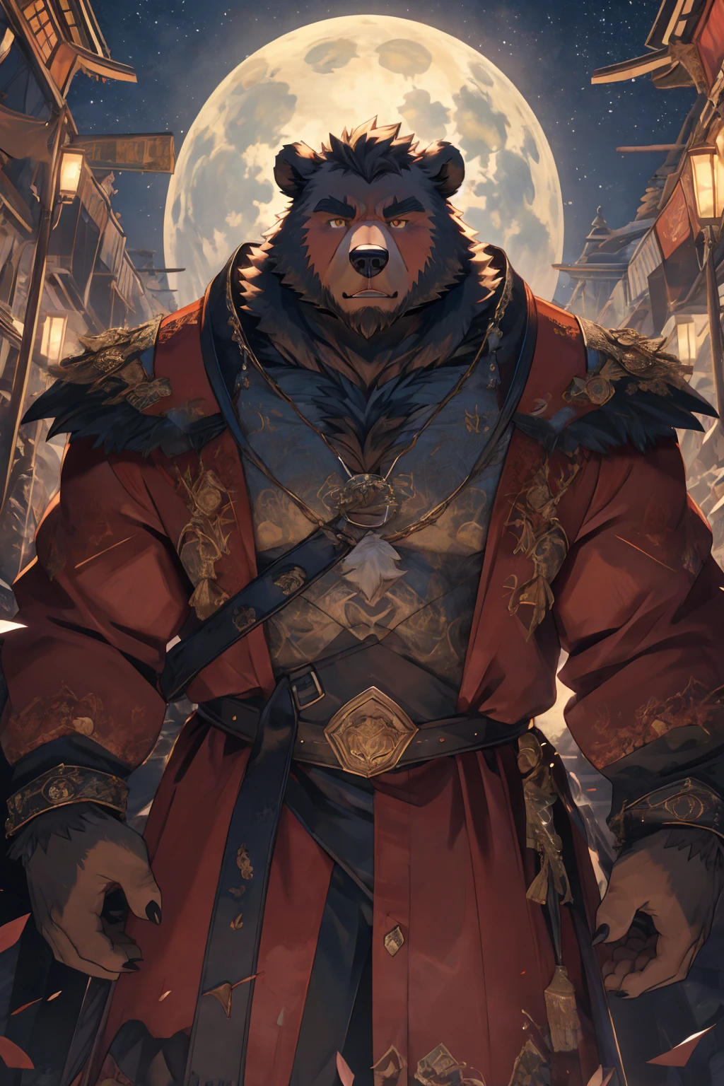 (Super detailed), Sharp focus,hairy, Gray fur, White beard,,Golden Eyes,human nature (棕Bear:1.3), male, Muscular ,(Crotch bulge),(Big Bag),Super detailed的脸,(dishevelled:1.4),(best quality), (masterpiece), High Detail, high quality,High resolution,16K,(Bear:1.3),(scar:1.1),Fangs,(vampire:1.2),(Red robe),moonlight,Sharp teeth