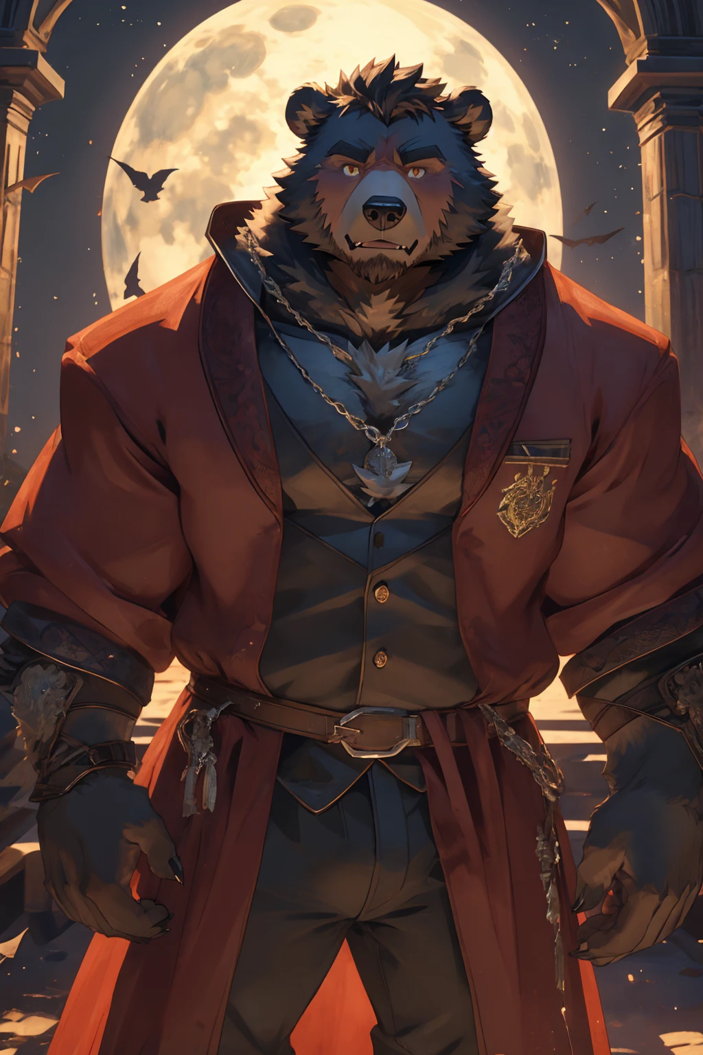 (Super detailed), Sharp focus,hairy, Gray fur, White beard,,Golden Eyes,human nature (棕Bear:1.3), male, Muscular ,(Crotch bulge),(Big Bag),Super detailed的脸,(dishevelled:1.4),(best quality), (masterpiece), High Detail, high quality,High resolution,16K,(Bear:1.3),(scar:1.1),Fangs,(vampire:1.2),(Red robe),moonlight,Sharp teeth