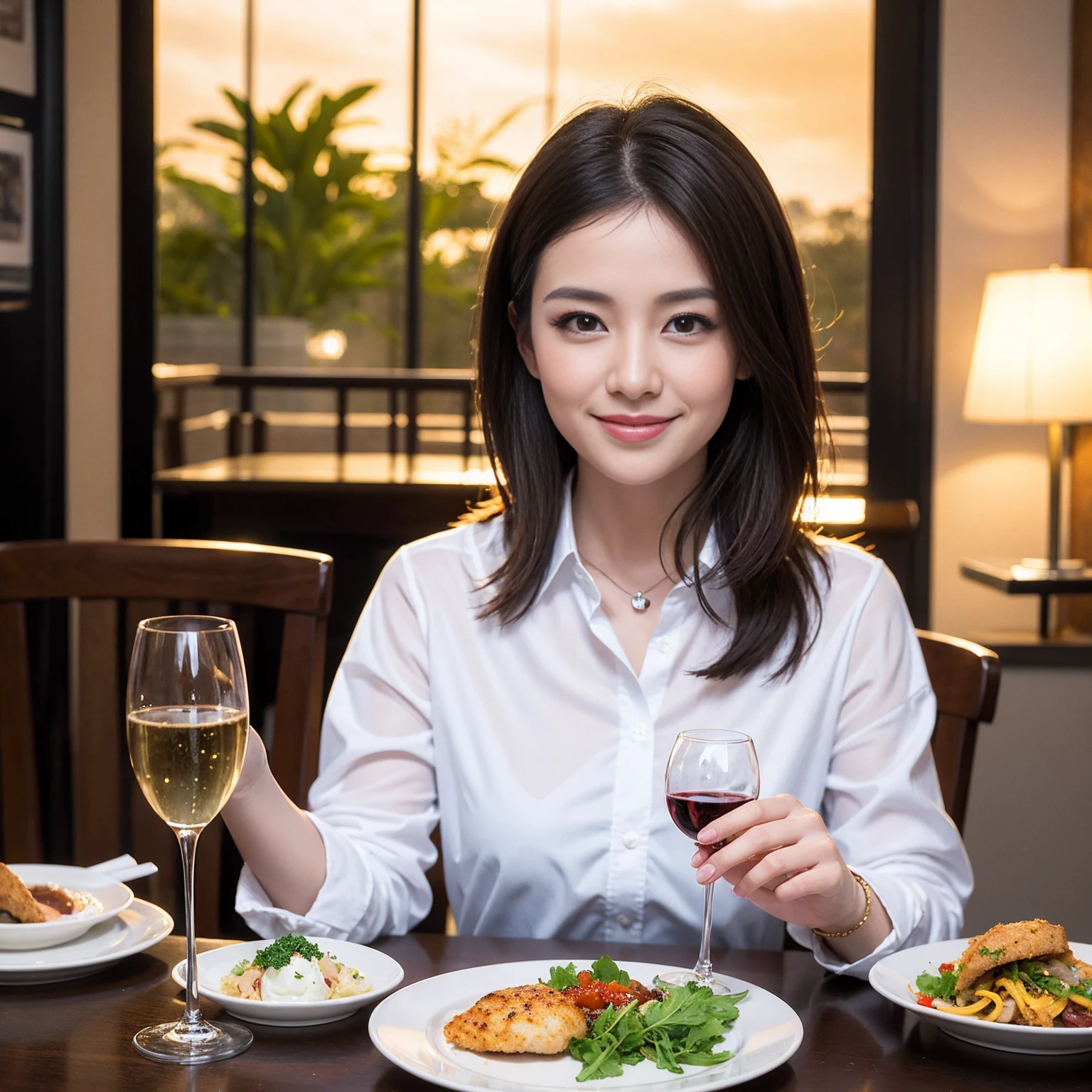 ((Highest quality、8K、masterpiece:1.3))、slimカップル、Pink rubber、modelカップル、(Realistic, Intricate details:1.2), full-course dinner、Wine Party、Amazing view of the sunset sky and clouds、A bright smile、The wonderfulness of smile、Bright image、The beauty of wine, Beautiful Face, blue eyes, The light shines on your face, Blushing, short hair,Bright Face、 (Age 37), 39 years old, red wine 、Appetizers、Italian food、Wine bottle、Champagne、sparkling wine、Two beauties、Brown Hair、Shortcuts、Long sleeve shirt、dress、Beautiful woman 1, (slimな顔), (The body is slim), (Brown Hair), (Shortcuts), cheeks turn a little red,Attractive beauty、restaurant, In a prominent place (From the waist up) Nova Frog Style, actress, model, Upper Body, White wine, slim, wine glass, 中央に置かれたwine glass, smile, (smile: 1.15), Beautiful fine grain, Depth f/2,saturation, High Contrast, Strong light and shadow,Moist Body:1.5、3D texture、Delicate eyes、Brown Hair、The hair is very shiny、