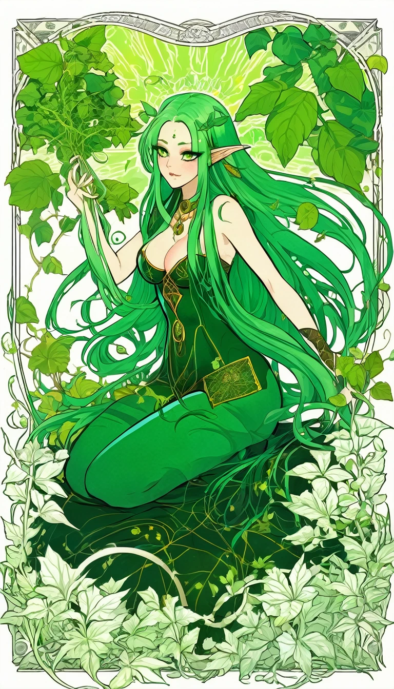 divine beautiful dlyad girl, long green hair, large breasts, full body, personified, fantasy, excellent lighting, excellent anatomy, leaves, weeds, sprouts, trees, soil, ethereality, fantasy card game frame, psychedelic, psychedelic delusion, masterpiece
