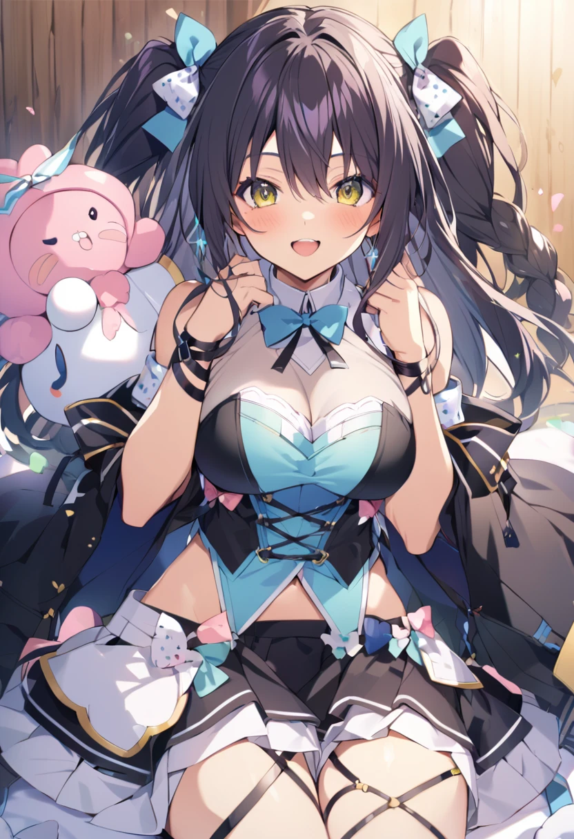 highest quality,wonderful,finely,extremely detailed CG Unity 8K wallpaper, (girls, cute eyes, (magical pink girl outfit,frill mini skirt:1.1), Black Hair, blue eyes, side ponytail, clothed), (sparkling eyes:1.2), (skinny body:1.1), (huge breasts), (cleavage:1.1), (crop top navel:1.1), (open mouth:1.1), (long tongue:1.1), (mouth drool:1.1), (black stockings:1.1),(Thighs:1.2),(Waistline:1.1)