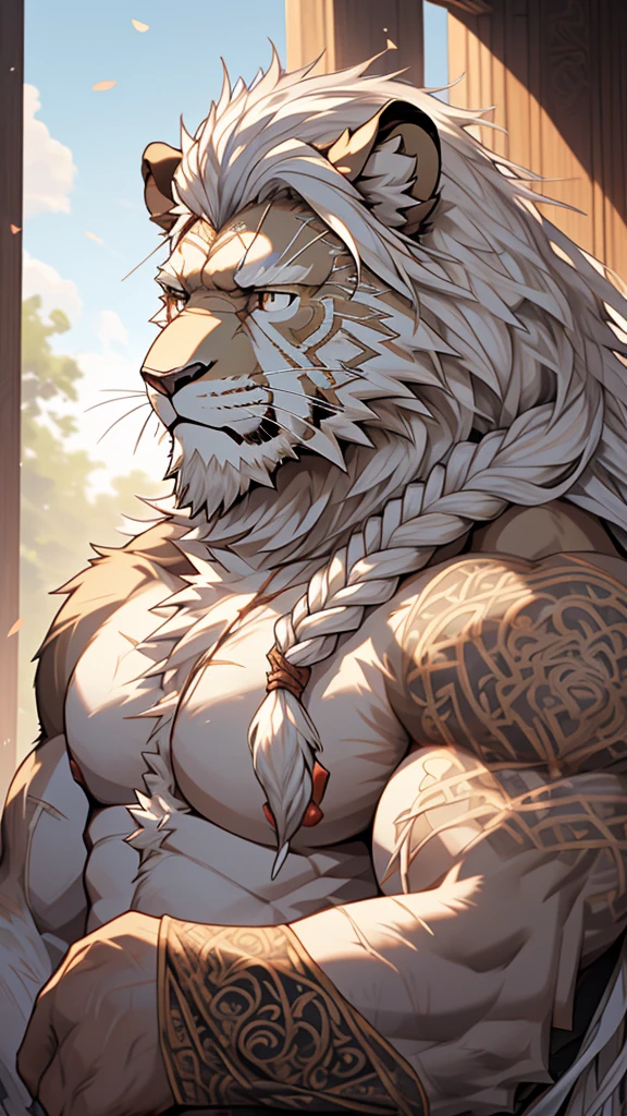 (masterpiece),(highres),(intricate details:1.4),extremely detailed,(illustration:1.2),8k,photorealistic,Anime headshot,exquisite,solo,aged,elder male lion ,grey fur,muscular,general,(naked upper body:1.4),(white hair:1.3),long hair,braided hair,long white beard,scar,naked,badly damaged,hurt,broken body 