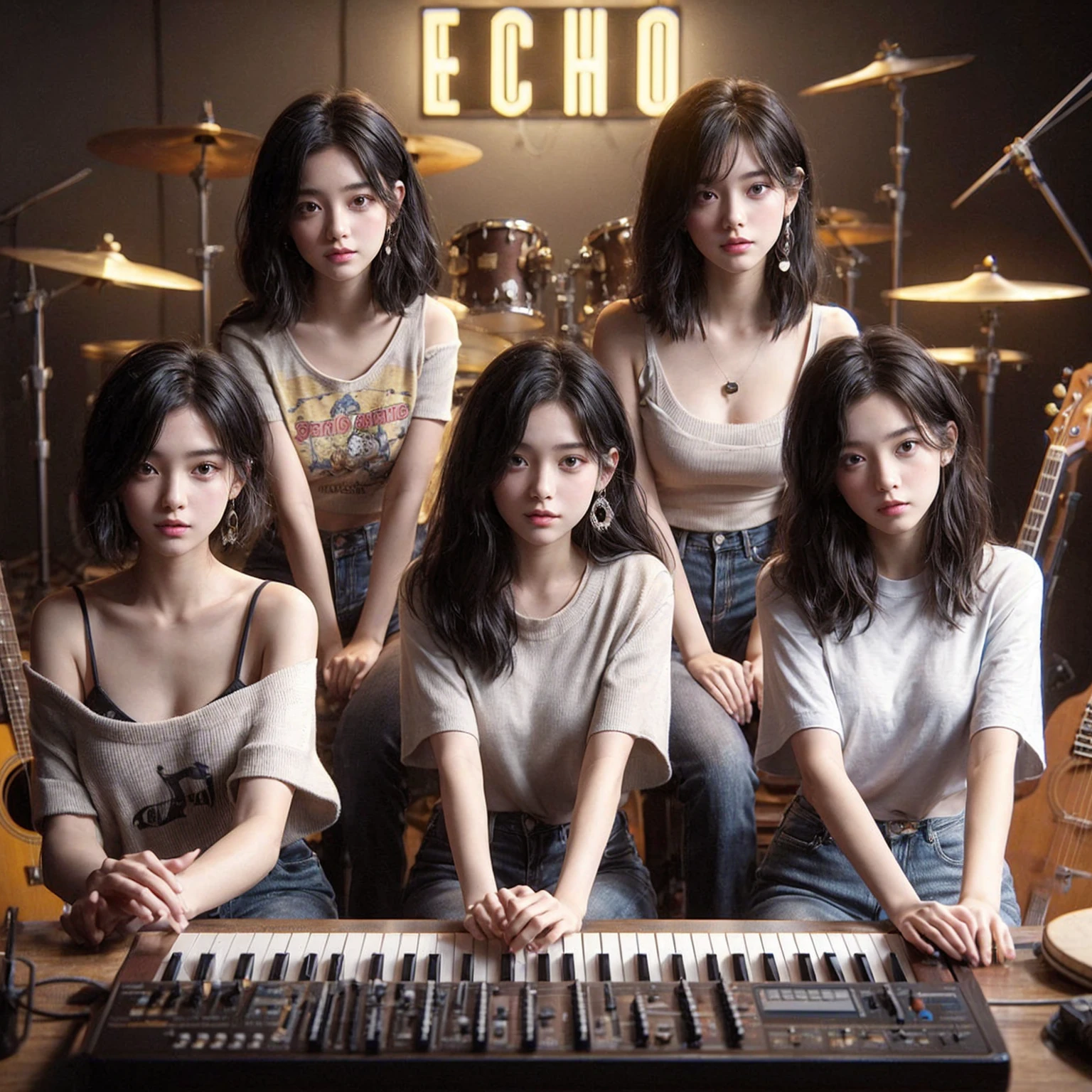 **Photo of 5 beautiful girls, aged 18 to 20, sitting:**
- **3 girls with messy black hair**
- **1 girl with wavy bob black hair**
- **1 girl with a black ponytail**
One girl is playing the drums, one girl is playing the piano, one girl is playing the bass guitar, one girl is playing the guitar, and one girl is singing. They are sitting behind a board with the word "ECHO" written on it. The background is a music studio, complete with drums, guitars, bass guitar, and piano. The image is ultra HD, 4k, photorealistic, raw, and a masterpiece.