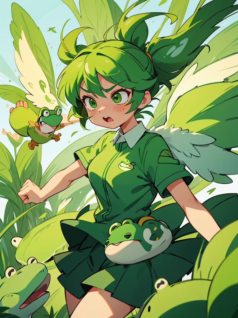 An angel girl with wings flying with green hair and the wind blowing. She is fighting with a big frog. The frog is crying. She is wearing a uniform with green and gold lines.