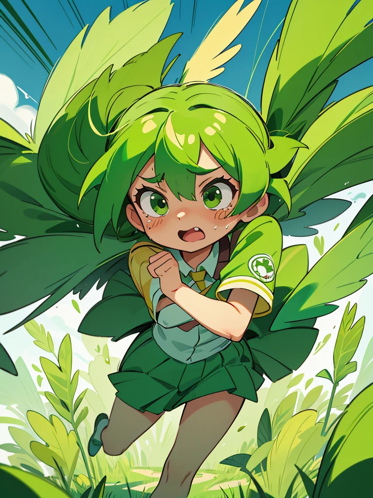 An angel girl with wings flying with green hair and the wind blowing. She is fighting with a big frog. The frog is crying. She is wearing a uniform with green and gold lines.