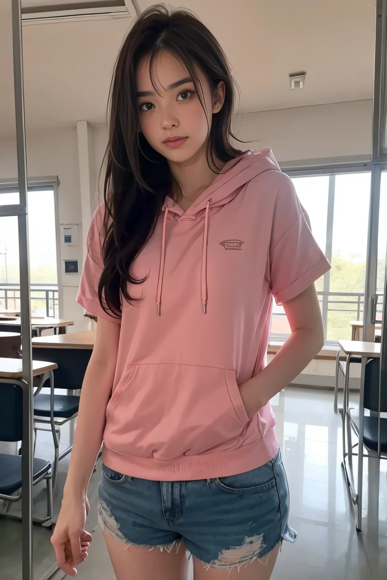 deux femmes ensemble de 18 ans sexy et mince , pink short sleeve hoodie , salle de classe, se touche,position sey,sensuel