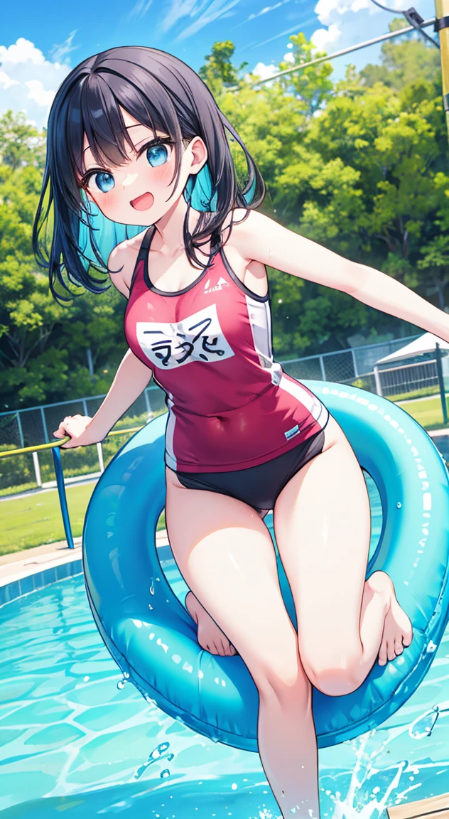 A scene at a water park with a water slider, featuring a Japanese actress. The actress is wearing colorful fitness wear and is joyfully sliding down a long, open, water-filled slide, barefoot. The water slider is set amidst vibrant greenery and a clear blue sky. The actress, dressed in sporty fitness wear, is experiencing a thrilling ride, with water splashing around her as she descends the slide. She is riding on a bright inflatable ring, adding a lively touch to the overall atmosphere of the scene, and her bare feet add a sense of freedom and fun.