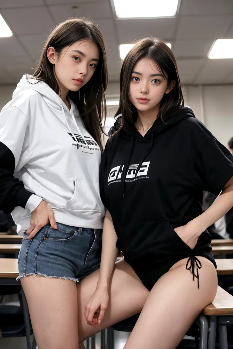 deux femmes ensemble de 18 ans sexy et mince , black short sleeve hoodie , salle de classe, se touche,position sey,sensuel