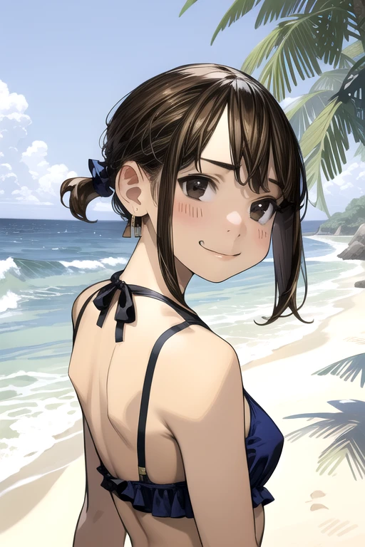 Very detailed, high quality:1.5, masterpiece, beautiful, Photograph the whole body,Film Portrait,((douki-chan)),Short Ponytail,Sandy Beach,summer,Ocean,((Blue swimsuit)),bikini,Butt,jewelry,Earrings,((Tilt your head)),((turn around)),((Close your mouth)),smile,(beautiful尻,),(beautiful脚),Squint your eyes,Lovely, 