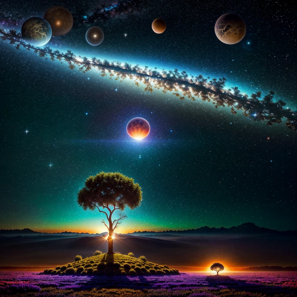 /imagine prompt: color photo of a magnificent planet, adorned with swirling ribbons of cosmic dust, bathed in the warm glow of a sun resembling a human uterus. The ethereal environment stretches into the infinite expanse of the universe, inviting wonder and curiosity. The scene evokes a delicate balance between awe-inspiring and intimate emotions. Capturing this vision requires a digital illustration with soft, glowing textures, inspired by artists like Frida Kahlo, Salvador Dali, and the Surrealist movement. Shot with a high-resolution digital camera, meticulous attention is given to lighting and composition. The focal point is a distorted fetus floating in the cosmic expanse, symbolizing the mysteries of life and the universe. Adding a 3D perspective, reminiscent of a Terrence Malick scene in "Tree of Life," enhances the depth and immersive nature of the photograph. In the bottom of the planet, a glowing olive tree stands as a beacon of life and resilience. The image blurs the boundaries between fantasy and reality, transporting viewers to a realm where the extraordinary coexists with the familiar. —c 10 —ar 2:3