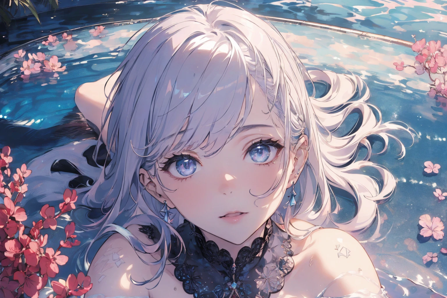 (sexy photo:1.1, in blue marine:1.5), Masterpiece, best quality, (very detailed CG unity 8k wallpaper), (best quality), High definition RAW color art, Animation,sculptures, (pink Marble Skin), (((Ultra detailed elegant))), Magical atmosphere, Detailed skin, Texture,(Intricately detailed, Fine detail, ultra-detail art), depth of fields, bokeh, Silky Touch, Hyper Detail, beautiful eyes, Elegant Face, (lying on pool), sparkle background, (silver hair), pastel purple, fat, embarrassing red face, shorthair, dress, フリル