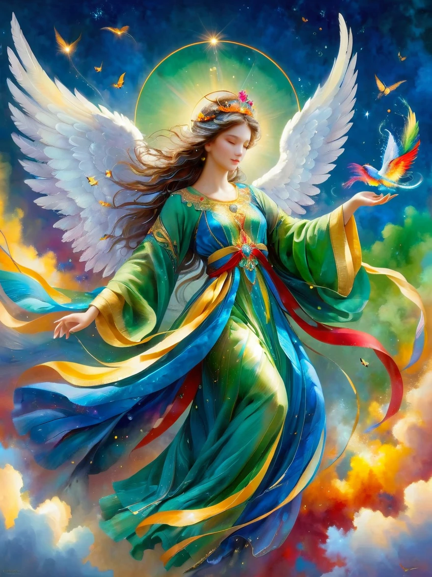 A brightly-colored, beautiful angel soaring through a radiant blue sky, Shimmering feathers of various hues adorn this magnificently created being, as they radiate vibrant shades of green, red, blue, and golden yellow, The angel's attire exhibits a brilliant display of colors, and a comfortably placed halo crowns their head, A mysterious wind gently rustles their multi-colored wings, leading to a mesmerizing spectacle, The name 'Gladis' is gracefully inscribed in an elegant, glowing script at the bottom