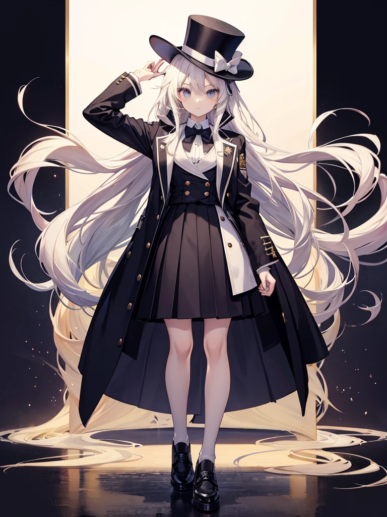 Anime style,Long hair,1 Girl,whole body,shoe,Jacket,skirt,Korean preppy style,Top hat,No background,Character portrait,Rich details,masterpiece,Highest quality