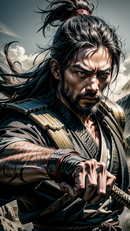 Samurai man,high quality, Master Parts, Second Dimension, whole body, Beautiful Eyes, Highly detailed background, 8K Wallpaper, Highly detailed face) ten, Muscular body, Strong muscles, Barba, Hopeful Eyes, Bright Eyes, black eye, Mature and stable, Sophisticated, White short sleeves, Retrato de Onmyoji, miyamoto musashi, Detailed Anime Character Art,,Not 0mib style, bleach style,seppuku,Create a hyper-realistic and cool image of miyamoto musashi using his two-sword technique (Katana and Wakizashi). Musashi is in a dynamic battle stance, showcasing his mastery of Niten Ichi-ryu. He wears traditional samurai armor, and the background is a dramatic battlefield with smoky skies, emphasizing the historical context. Highlight his intense focus and determination, capturing the essence of a formidable warrior. Use strong light and shadow contrasts to enhance the dynamic feel of the image.