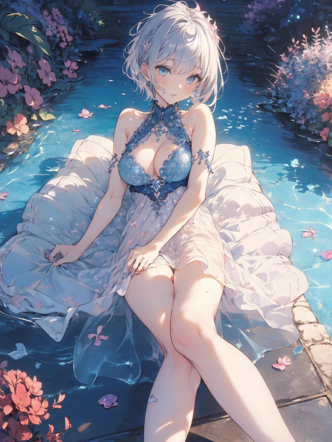 (sexy photo:1.1, in blue marine:1.5), Masterpiece, best quality, (very detailed CG unity 8k wallpaper), (best quality), High definition RAW color art, Animation,sculptures, (pink Marble Skin), (((Ultra detailed elegant))), Magical atmosphere, Detailed skin, Texture,(Intricately detailed, Fine detail, ultra-detail art), depth of fields, bokeh, Silky Touch, Hyper Detail, beautiful eyes, Elegant Face, (lying on pool), sparkle background, (silver hair), pastel purple, fat, embarrassing red face, shorthair, dress, フリル