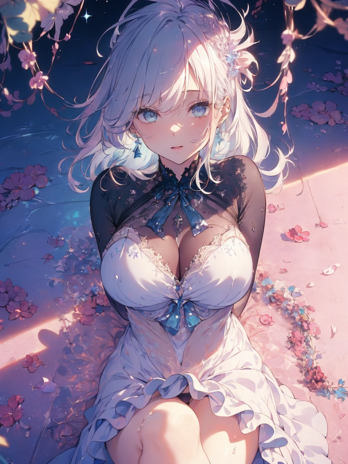 (y photo:1.1, in blue marine:1.5), Masterpiece, best quality, (very detailed CG unity 8k wallpaper), (best quality), High definition RAW color art, Animation,sculptures, (pink Marble Skin), (((Ultra detailed elegant))), Magical atmosphere, Detailed skin, Texture,(Intricately detailed, Fine detail, ultra-detail art), depth of fields, bokeh, Silky Touch, Hyper Detail, beautiful eyes, Elegant Face, (lying on pool), sparkle background, (silver hair), pastel purple, fat, embarrassing red face, shorthair, dress, フリル