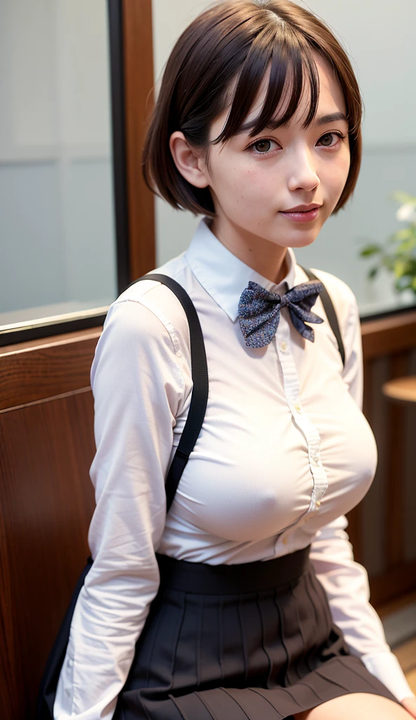 (8k, RAW photo, best quality, masterpiece:1.2), (realistic, photo-realistic:1.37), ultra-detailed,
1 girl,cute, solo,beautiful detailed sky,detailed cafe,night,sitting,dating,(nose blush),(smile:1.1),(closed mouth),large breasts, seductive smile, large aparture, professional lighting, Sony A7R4, Zessie 50mm F1.8,
medium breasts,beautiful detailed eyes,(collared shirt:1.1), bowtie,pleated skirt,(short hair:1.2),floating hair