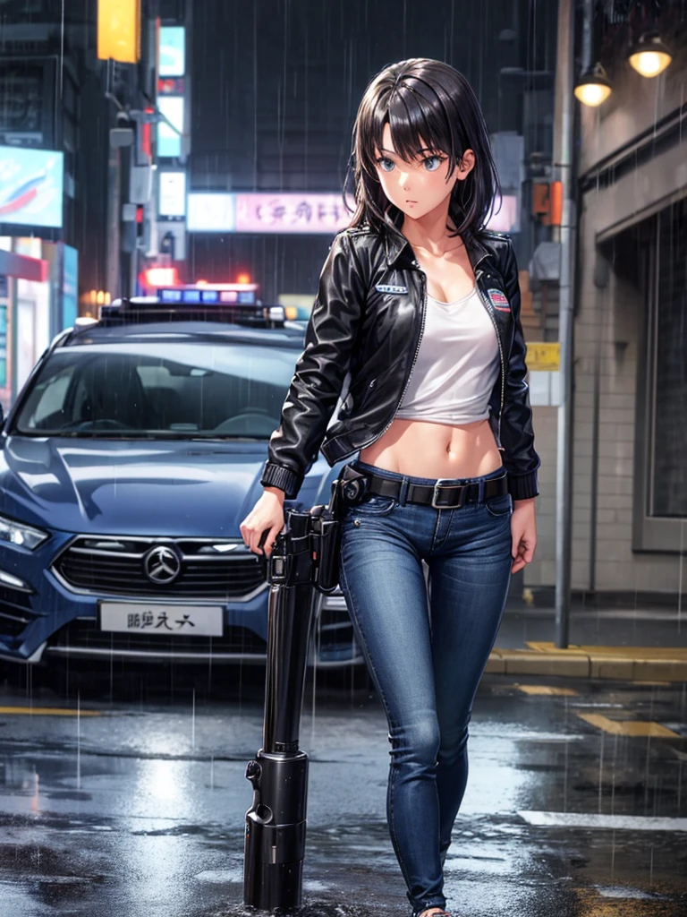 Girl, Black jacket, blue jeans pants ,  japan police car background, night, rain, small breast ,Sneakers , wet bod, In full growth, Holster with a pistol on the belt