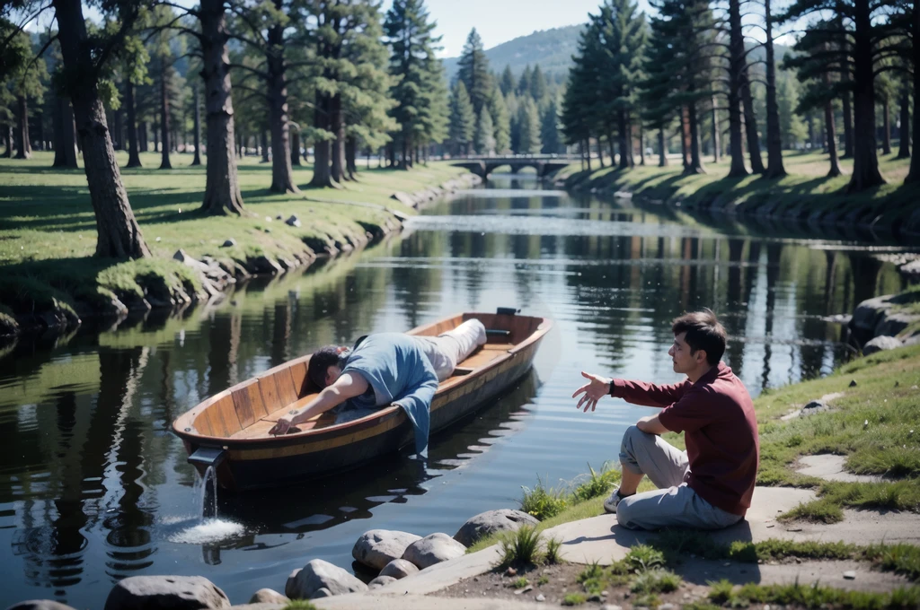 [((lifeless human body floats on the river))]. A dead human body floats on the river carried by the current and the flow of water. Detailed photorealistic shot. [8K, high details, natural reflections].